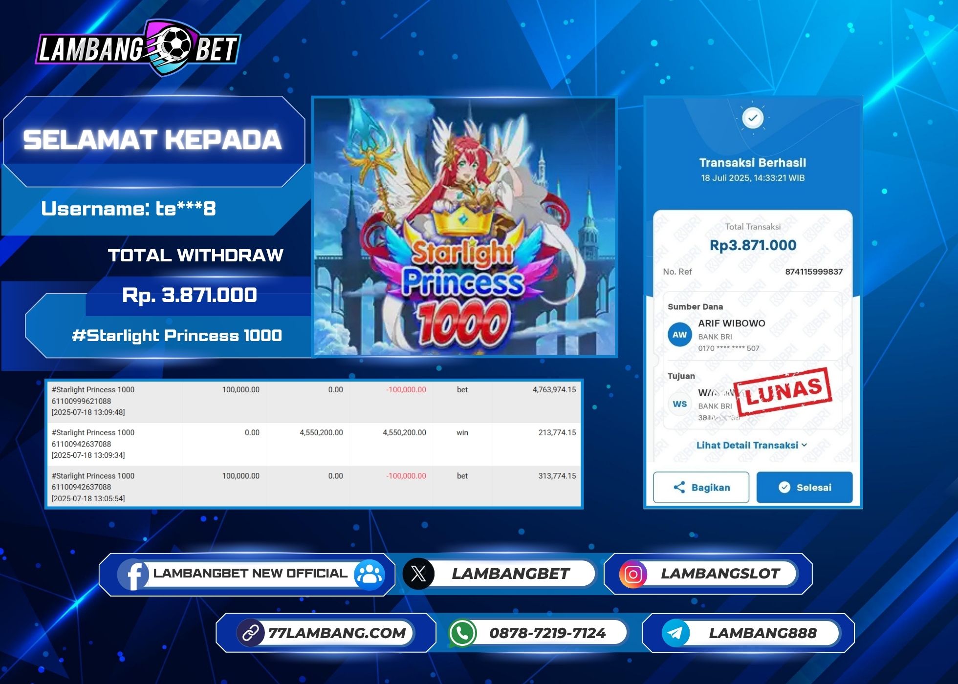 LAMBANGBET [18 JULY 2025] JACKPOT SLOT Starlight Princess 1000 "Rp3.871.000" LUNAS